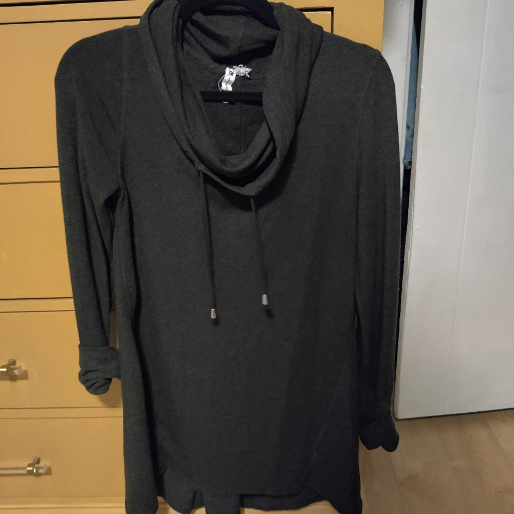 Charcoal Longsleeve Drawstring Cowl Neck Tunic w/ Thumbholes and Button Detail